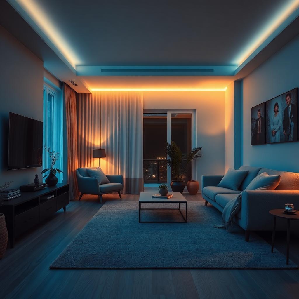 Comfortable modern living room at blue hour