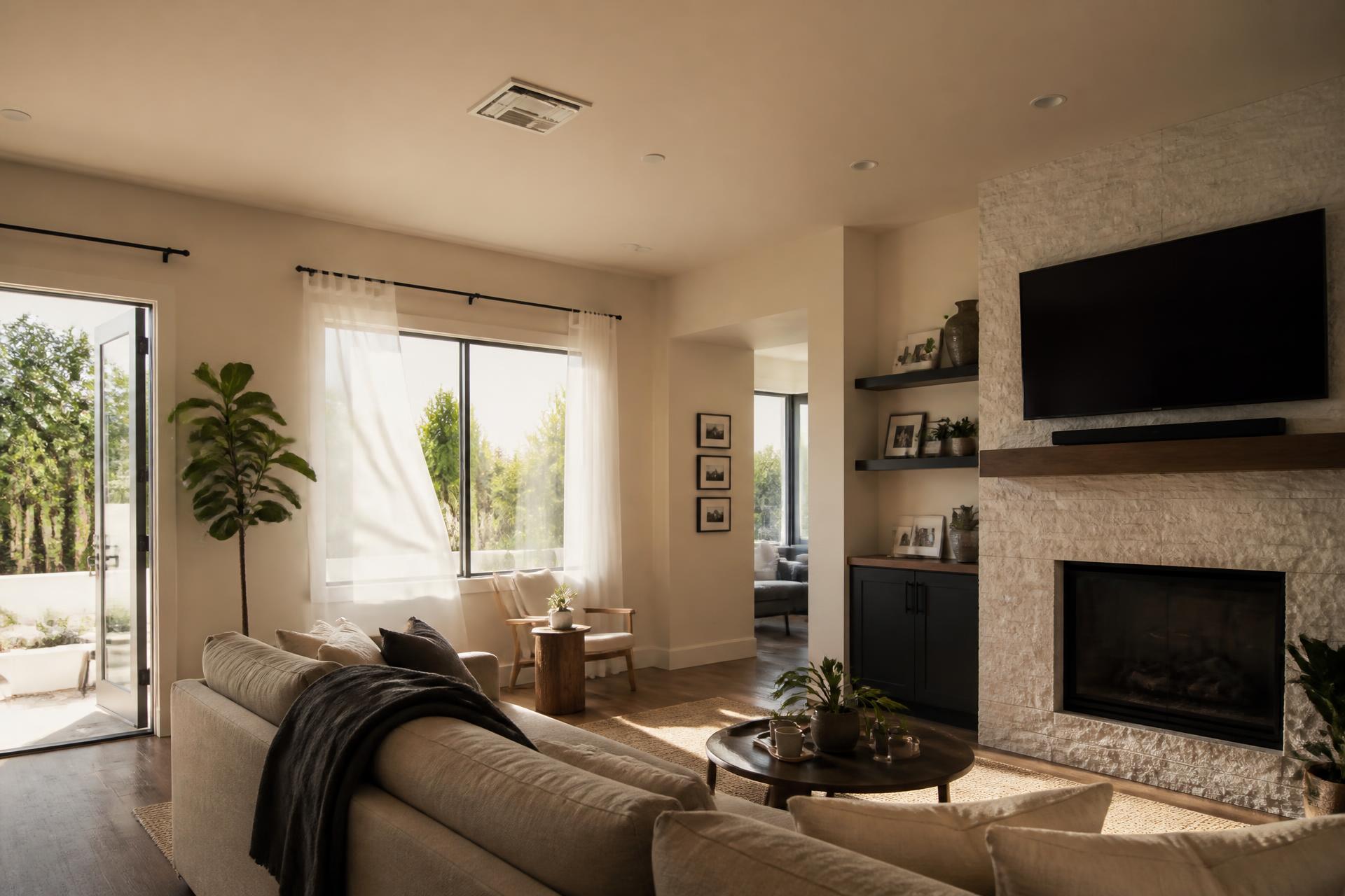 Comfortable sunlit Southern California living room with central air vent