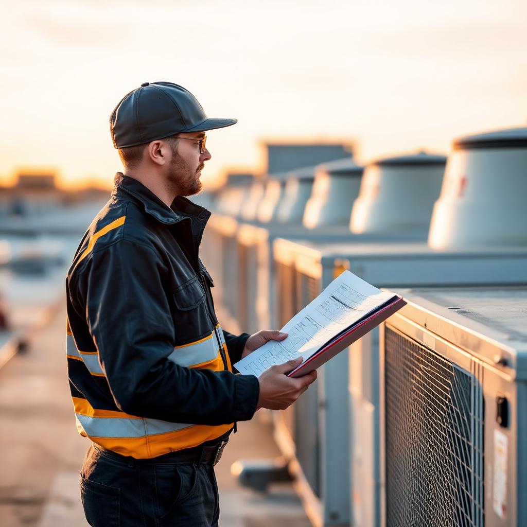 HVAC technician inspecting commercial rooftop units